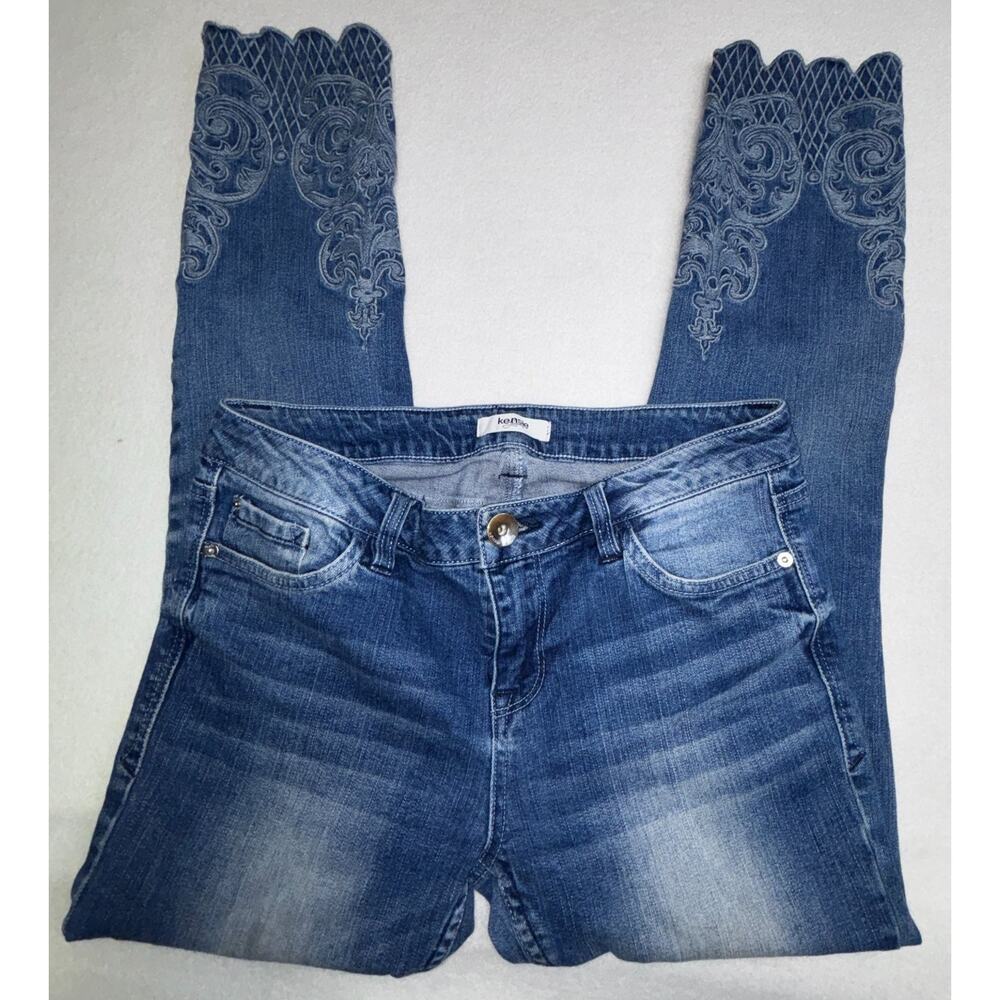 kensie Jeans Women's Blue Size 27 Ankle Biter Scallop Embroidered Stretch Pants